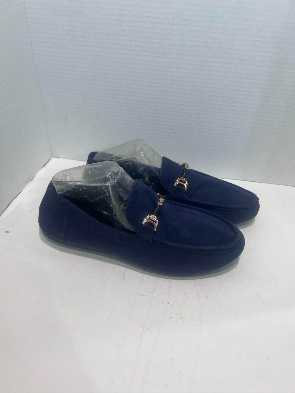 Unlisted Navy Suede Slip-On Loafers with Gold Bit
